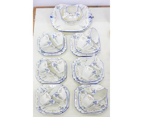 A SHELLEY QUEEN ANNE BLUE IRIS PATTERN TEA SERVICE, TO INCLUDE PAIR OF SQUARE PLATES, 24CM OVER HANDLES, PRINTED MARK, PAINTE