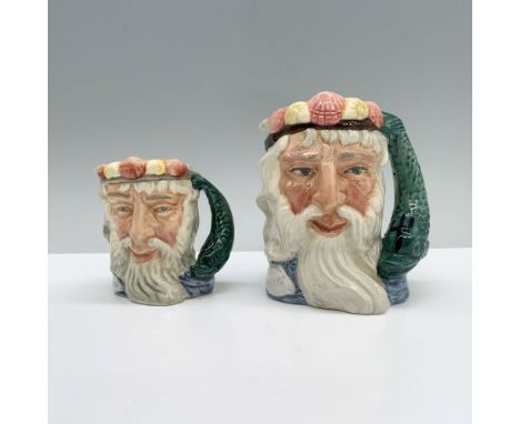 A jug of an elderly gentleman with flowing white hair and beard wears a regal blue ensemble, adorned with a seashell crown an