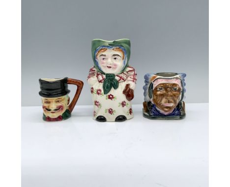 A set of three jugs featuring a grandmother in a floral apron and plaid shirt, an old-timey mustached businessman, and a Nati
