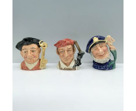 A set of porcelain jugs that includes Old Salt D6554, Gaoler D6577, and Blacksmith D6578. Royal Doulton backstamp. Dimensions