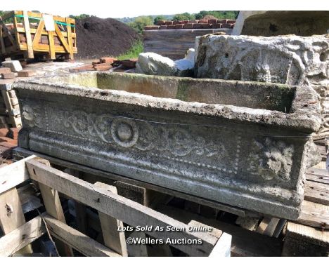 (NO VAT)&nbsp;RECONSTITUTED STONE PLANTER, WITH LION FACE DECOR, WITH PAIR OF STANDS (34CM H), IN NEED OF RESTORATION, PLANTE