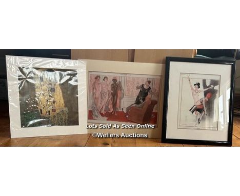 GISTAV KLIMT PRINT AND TWO VINTAGE FRENCH EROTICA PRINTS, 46CM (H) X 38CM (W) / COLLECTION LOCATION: PULBOROUGH (RH20), FULL 