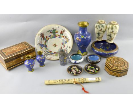 Small quantity of Cloisonne to include  bowl and vase pair of Japanese Satsuma vases, bone dagger, inlaid boxes (bone dagger 