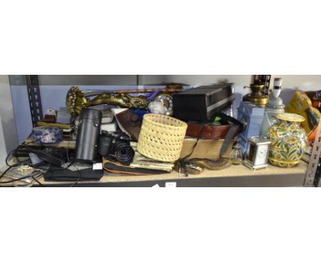 Three Mintons tiles, Digital camera, clocks, books and lamps etc.