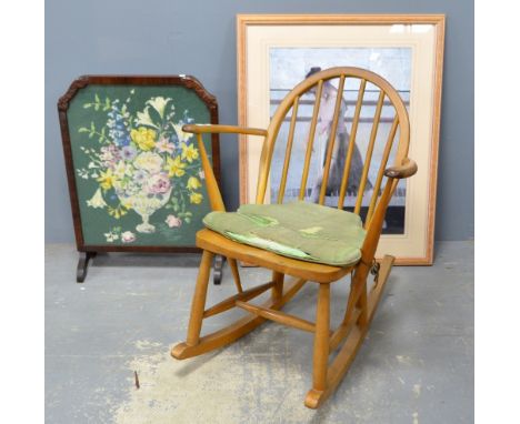 Ercol childs rocking chair, embroidered firescreen and a print