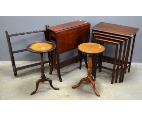 Mahogany quartetto nest of tables, two wine tables, sutherland table and wall hanging shelf