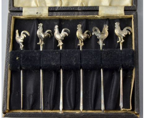 Set of six Sterling silver cocktail stick with cockerel finials, in fitted case,