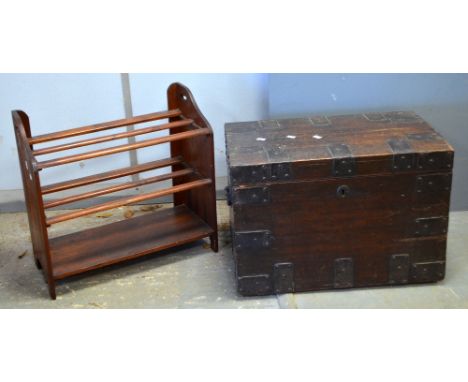 Oak metal bound trunk and a shoe rack,