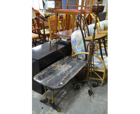Mid 20th Century ebonised and brass coffee table with marble top, together with a copper and brass standard lamp.