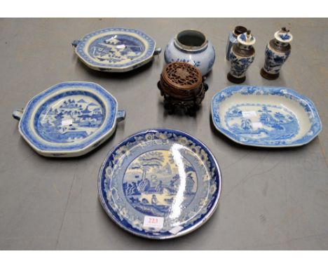 A pair of Chinese willow pattern warming plates, pair of crackle glaze vases Tea caddy and various other blue and white china