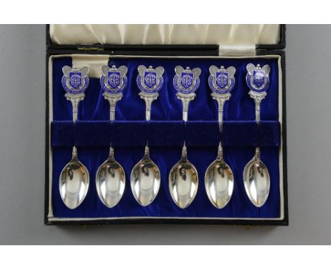 Set of six George V silver and enamelled teaspoons of tennis interest, the blue enamel marked for 'Orrell Hard Court Tennis C