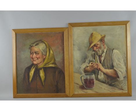 Two continental oils on canvas:  portrait of a man smoking a pipe and another of a woman, the man signed G. Romano,
