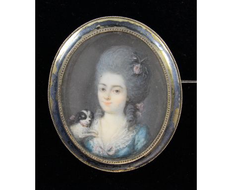 18th century portrait miniature of a young woman with a dog 3.5 cm in gilt metal frame.