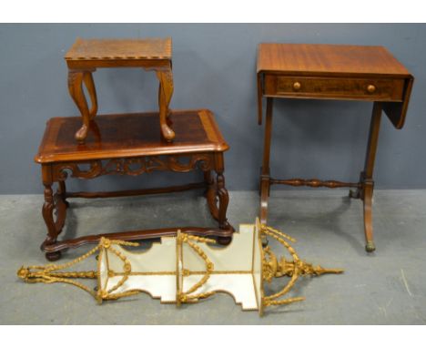 Mahogany single drawer drop flap table on splayed legs, low coffee table, stool and a white and gold painted tiered corner wa