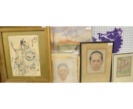 Chinese watercolour portraits of a lady and man, each approximately 23cm x 21cm, Japanese woodblock print and other Eastern p