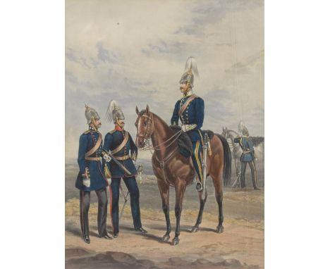 Engraving of HMS Princess Royal, 34cm x 40cm, two T Sutherland engravings of naval engagements, 22cm x 31cm and a print of Ca