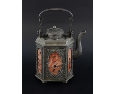 Chinese cast metal teapot with panels decorated with figures, marks to base, 22cm high,