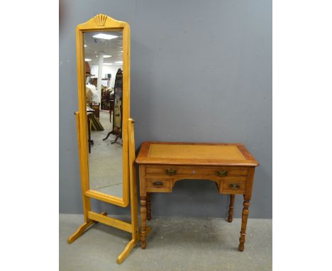 Edwardian walnut kneehole desk and a light walnut cheval mirror,