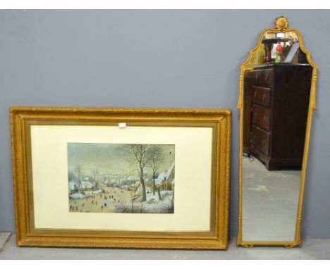 Wooden framed gold painted mirror and a print in gilt frame
