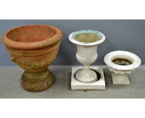 Terraotta planter, cast metal white painted planter and one other 
