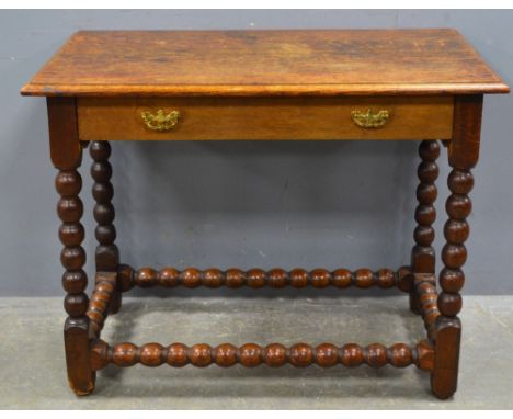 Oak single drawer side table on bobbin supports