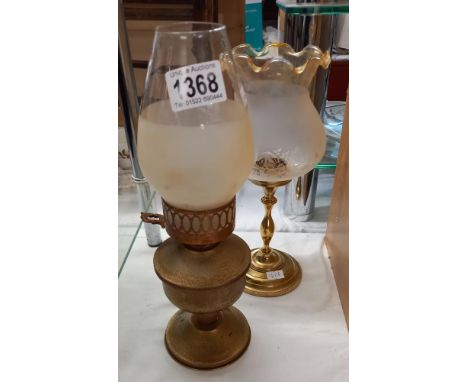 A brass candle lamp with glass shade and an oil lamp COLLECT ONLY 