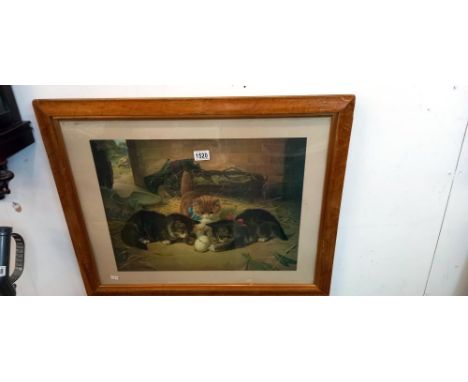 A framed and glazed print of kittens playing with an egg in a barn, COLLECT ONLY 