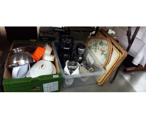 2 boxes of kitchenalia including enamel lidded roasting tin, coffee machines, small hot pot cooker, etc COLLECT ONLY 