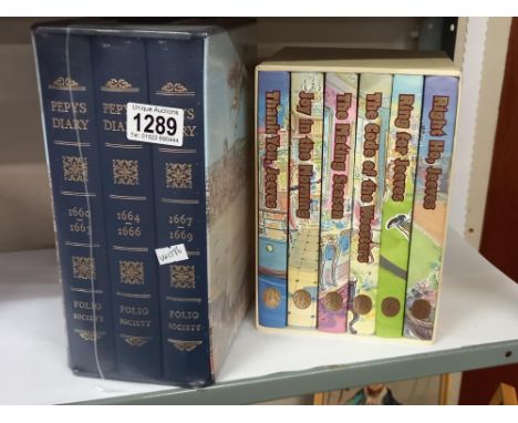 2 sets of Folio society books, 'Pepys diary' and Jeeves and WoosterOuter folder has marks in places, books in good condition 