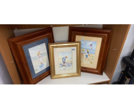 2 Watercolours &amp; a print of children on the beach Collect Only 