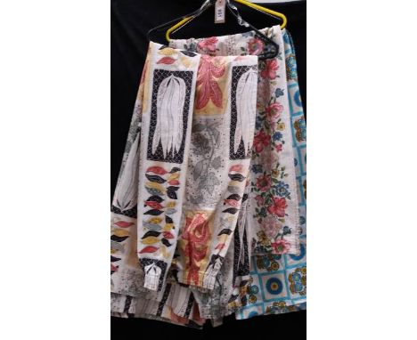 A pair of 1960's curtains, multi colours with leaves and flower prints and 2 single curtains