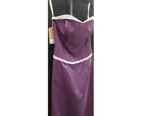 A 'Forever Yours' purple gown with lilac sash and bodice trim complete with small matching pouch (size 14)