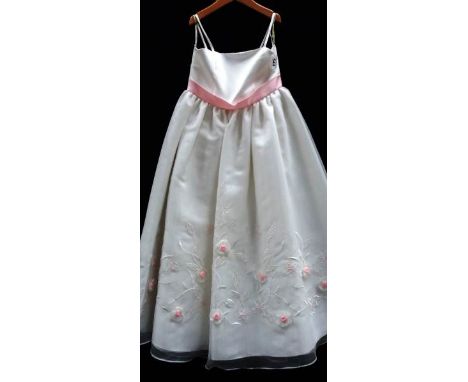 A 'Forever Young' white flower girl dress with pink sash, appliqued flowers and embriodery, age 8