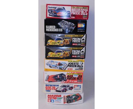 Eight various boxed Hasegawa and Tamiya 1/24 scale high speed racing and classic car kits to include a Tamiya Porsche Martini