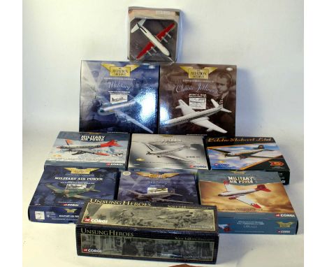 One box containing ten various boxed Corgi Aviation Archive and Unsung Heroes diecast aircraft and military vehicles, all app