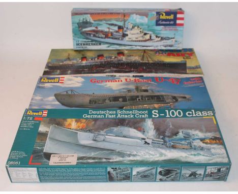 Seven various mixed scale plastic military kits to include Sea and Aircraft related examples to include a Revell F104 Starfig