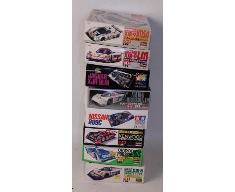 Eight various boxed Hasegawa and Tamiya 1/24 scale Le Mans and high speed racing car kits, to include a Jaguar XJR-9LM, a Sau