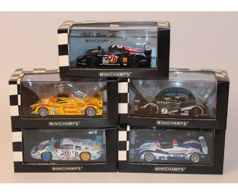Five various boxed Minichamps 1/43 scale high speed racing race cars, all housed in original packaging to include Ref. Nos. 4