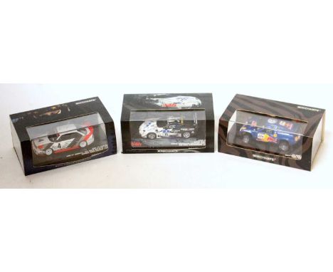 A Minichamps 1/43 scale limited edition race car and buggy diecast group, three examples to include a HJ Stuck Audi 90 Quattr