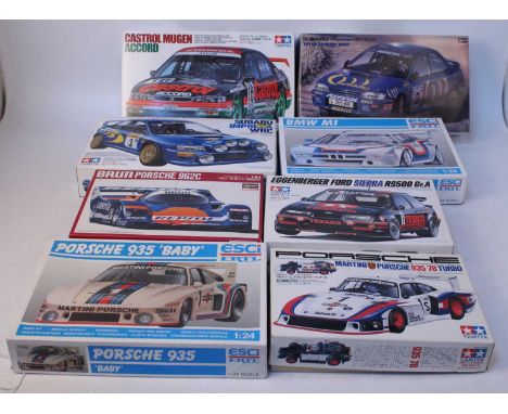 Eight various boxed Tamiya, Hasegawa and Esci 1.24 scale Classic Car and high speed racing kits to include a Hasegawa Subaru 