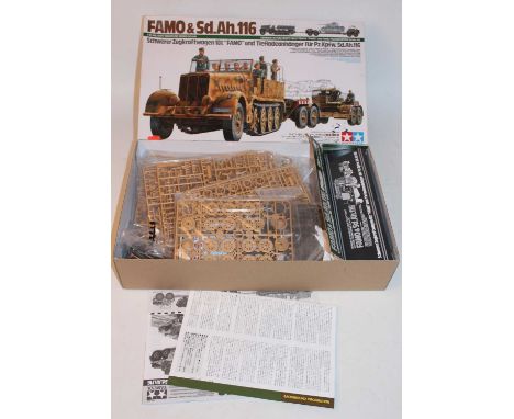 A Tamiya 1/35 scale plastic kit for a FAMO and SD.AH116 tracked vehicle and trailer, housed in the original card box, appears