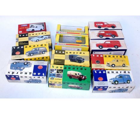 One tray containing a quantity of various mixed boxed Corgi and Vanguards 1/43 scale diecast vehicles to include a Vanguards 