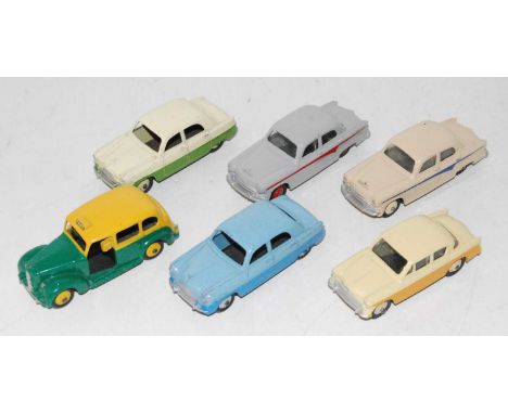 Dinky group lot of 6 cars as follows, 166 Sunbeam Rapier in two tone yellow, 2x Austin A105 as follows: cream with blue strip