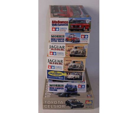 Seven various boxed as issued Tamiya and Gunze Sangyo 1/24 scale classic car kits to include a Tamiya Morris Mini Cooper 1275