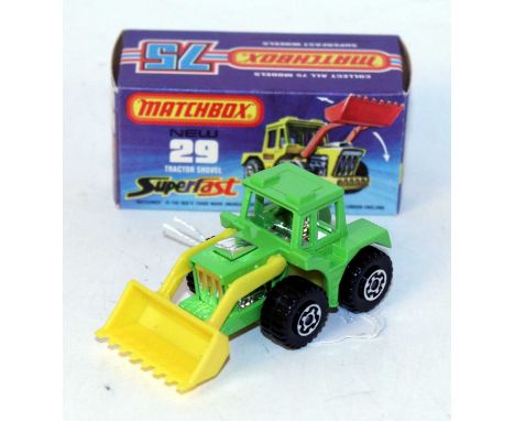 A Matchbox Superfast No. 29 tractor shovel finished in lime green with yellow shovel and yellow base, rare example from the G