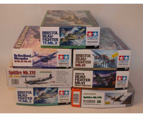 Seven various boxed as issued Tamiya and Eduard and Profipack 1/48 scale aircraft plastic kit group to include a Spitfire Dua