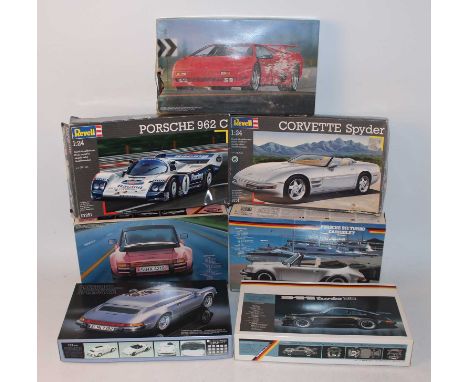 Seven various boxed 1/24 scale plastic race car and classic car kits, mixed examples by Fujimi and Revell, to include a Porsc