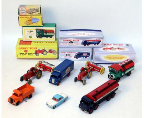 One tray containing a quantity of various playworn and repainted Corgi Toy and Dinky Toy diecast vehicles, six examples, hous