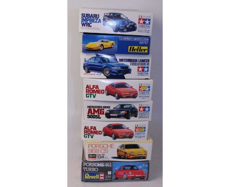 Eight various boxed as issued Tamiya, Heller, Revel, and Hasegawa 1/24 scale high speed racing and sports car kits, all appea