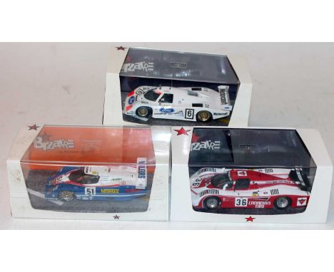 A Bizarre Models 1/43 scale 1980s race car group, three plastic cased examples to include Ref. Nos. BZ392, BZ339, and BZ483, 